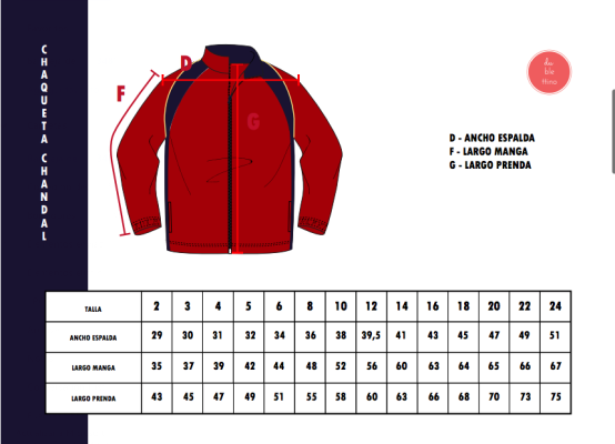 tallas Chaqueta Chandal suelta CEIP Parque Eugenia de Montijo