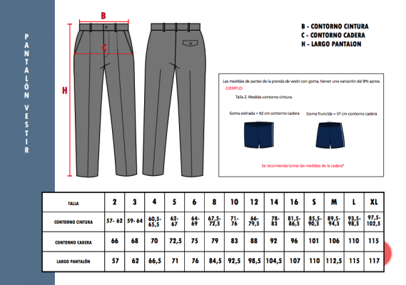 Tallas Pantalon vestir con boton Colegio Santa Maria de la Rozas
